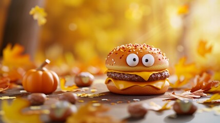 Cute Jelly donut with eyes. Funny creature with cheeseburger on background of autumn farm. Farm to Table Burgers concept. Header for website, advert  