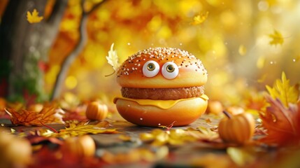 Cute Jelly donut with eyes. Funny creature with cheeseburger on background of autumn farm. Farm to Table Burgers concept. Header for website, advert      - obrazy, fototapety, plakaty