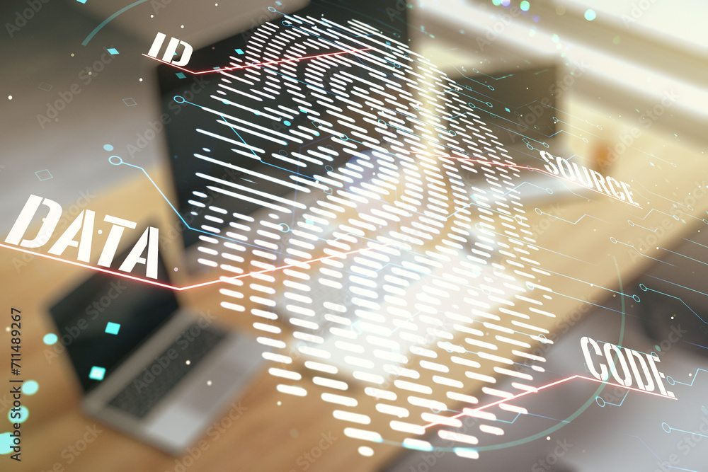 Leinwandbilder multi exposure of abstract creative fingerprint illustration and modern desktop with computer on bac
