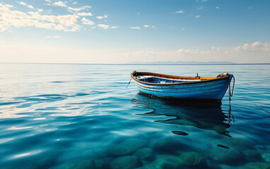 Solitary blue wooden boat floating on calm ocean waters under clear skies, representing solitude, peace, and the vastness of the sea