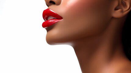 Closeup side view image of young African American female model with red lipstick beauty clinic concept image for lip filler and lip injection. Model with perfect plump Lips. - obrazy, fototapety, plakaty