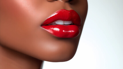 Closeup side view image of young African American female model with red lipstick beauty clinic concept image for lip filler and lip injection. Model with perfect plump Lips. - obrazy, fototapety, plakaty
