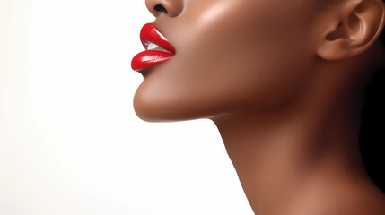 Closeup side view image of young African American female model with red lipstick beauty clinic concept image for lip filler and lip injection. Model with perfect plump Lips.