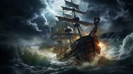 An ultra realistic scene of a ship in a storm - Generative AI