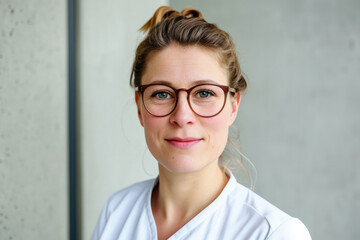 Fototapeta premium Portrait of a confident female nurse in a white medical uniform wearing glasses