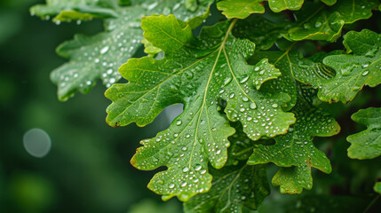Green oak leaves with droplets