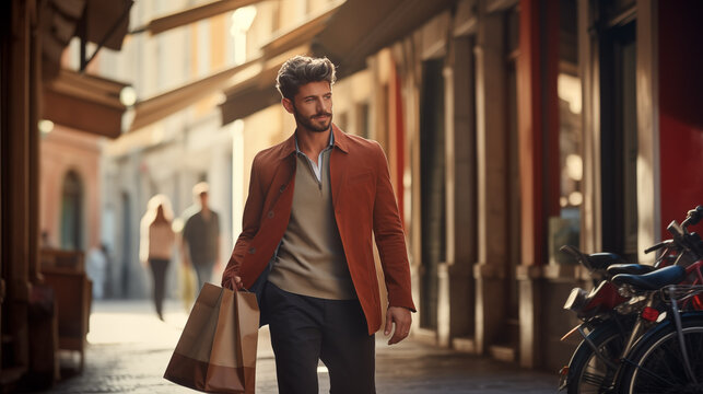 homem modelo andando com sacolas de compra saindo do shopping 