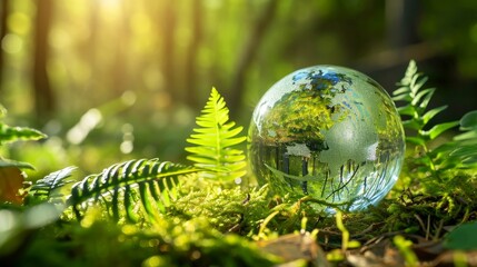 Environment conservation concept. Close up of glass globe in the forest     