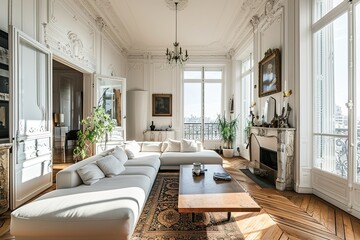 The living room is modern and has parquet flooring with chic furniture. - obrazy, fototapety, plakaty