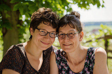 Portrait of a middle-aged same-sex female couple wearing glasses and casual clothing - 711490045