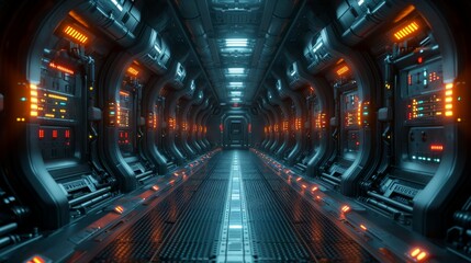 Fototapeta premium Sci Fi Futuristic Alien Spaceship Metal Panels Glossy Realistic Tunnel Corridor Hallway Showroom Warehouse Studio Underground