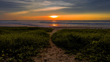 Sunset in seaside. Path toward the beach. Beautiful seascape