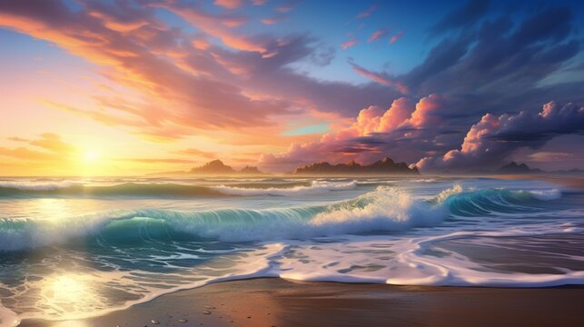 An ultra-realistic seascape during a sunset, vibrant hues painting the sky, waves gently breaking on sandy shores, distant silhouettes of coastal mountains - Generative AI