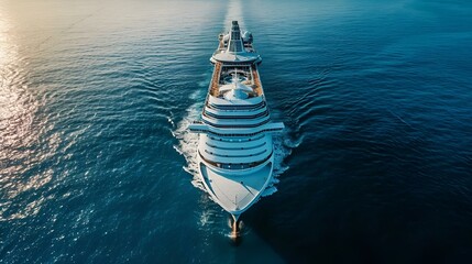 a large cruise ship with the sun in the background and the ocean in the fore