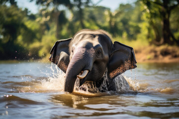 Serene Sri Lankan Elephant Bathing in River Sanctuary