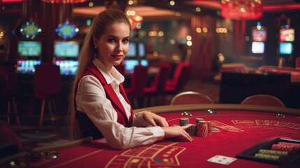 Portrait of a Female Croupier Looking at the Camera and  - Powered by Adobe