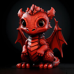 3d cute and kawaii little dragon isolated on dark background. Fantasy monster. Small funny cartoon character. Fairy tale animal. 