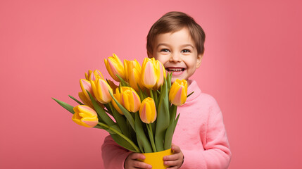 A cute little boy happy and smiling holding a large bouquet of tulip flowers isolated on pink background. The concept of the holiday is March 8, International Women's Day, Mother's Day. Copy space