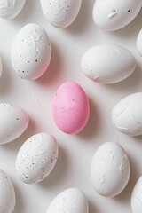 Flat lay of white eggs and one pink egg on white background.Minimal concept pattern.