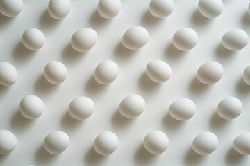 Flat lay of white eggs on a white background.Minimal concept pattern.