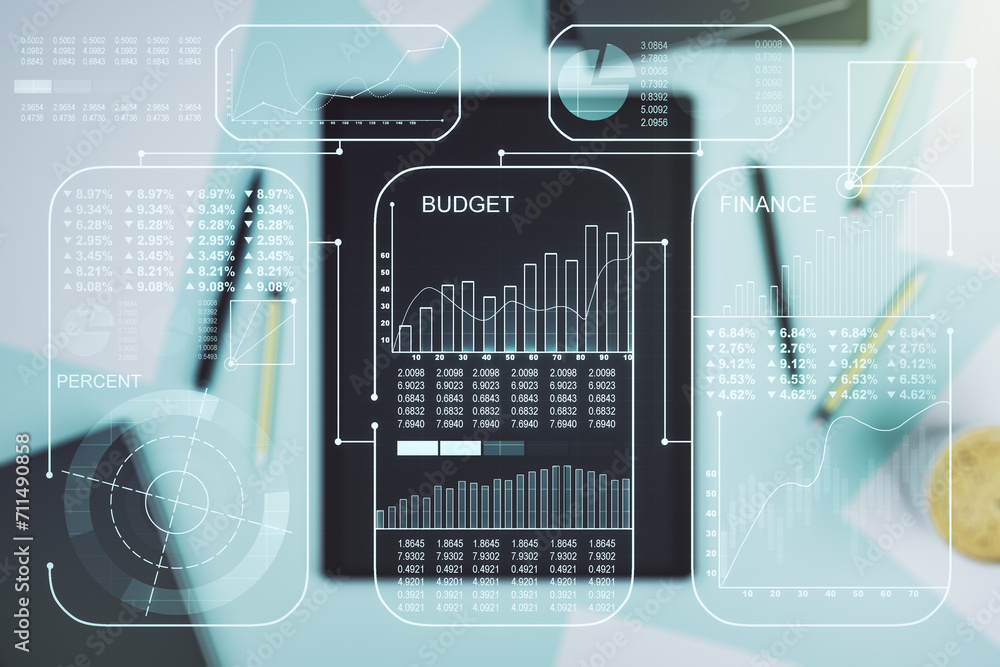 Poster Abstract creative analytics data spreadsheet and modern digital tablet on desktop on background, top view, analytics and analysis concept. Multiexposure