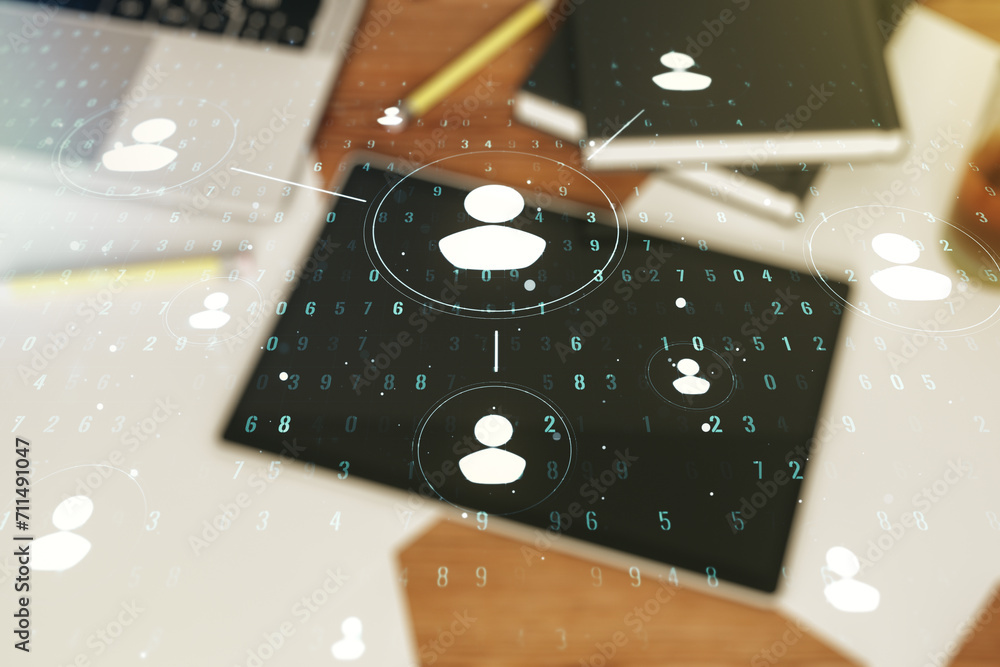 Aufkleber social network media concept and modern digital tablet on desktop on background, top view. double ex