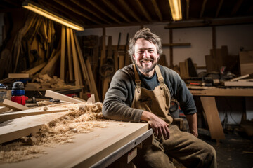 Accomplished Carpenter Basking in the Satisfaction of a Job Well Done, Surrounded by Wood Shavings on the Workshop Floor, Representing the Fruits of His Labor