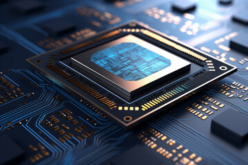Fototapeta premium On background of computer motherboard is chip representing CPU processor unit AI Generation