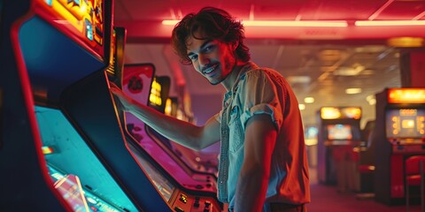 Young retro 80s style man posing in a retro arcade machine room