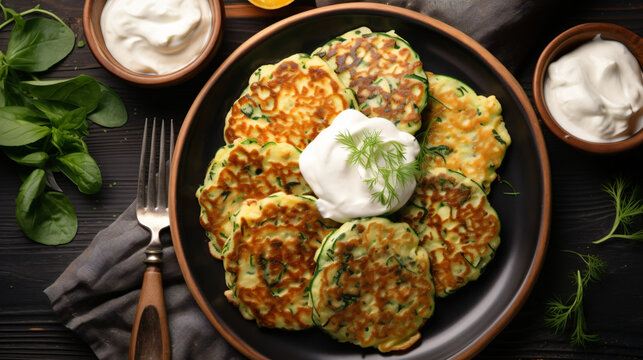 Zucchini pancakes with spinach herbs and parmesan
