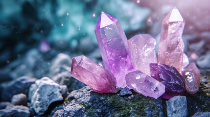 gemstones crystal minerals on mysterious nature background. gems fluorite, pink and clear quartz. Magic Rock for Crystal Ritual, Witchcraft, spiritual practice  
