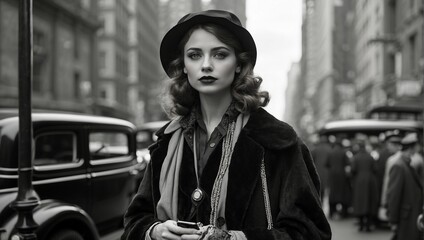 A woman holding a mobile phone, New York, 1875