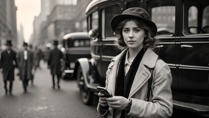 Naklejka premium A woman holding a mobile phone, New York, 1875