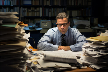 A dedicated public defender, deep in thought at his cluttered desk, surrounded by stacks of legal documents, under the soft glow of a desk lamp in his late-night office