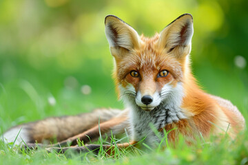 Obraz premium Young Red Fox Lying on the Grass in A Green Natural Background, ai technology
