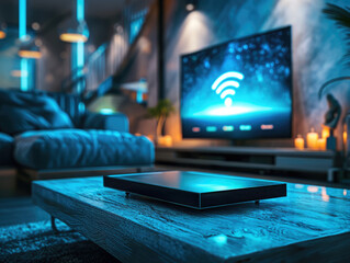 Cosy living room with a smart TV displaying a Wi-Fi symbol, symbolising connectivity.