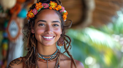 A South Pacific Islander woman adorned in traditional tattoos and floral adornments, sharing a warm smile against the backdrop of a tropical paradise.