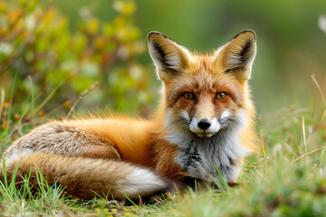 Fototapeta premium Young Red Fox Lying on the Grass in A Green Natural Background, ai technology