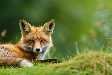 Obraz premium Young Red Fox Lying on the Grass in A Green Natural Background, ai technology