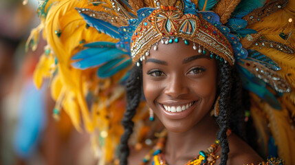 A Caribbean woman in a carnival costume, showcasing the vibrant colors and dynamic energy of Caribbean culture during a lively parade.