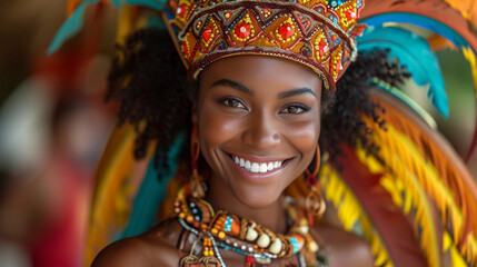 A Caribbean woman in a carnival costume, showcasing the vibrant colors and dynamic energy of Caribbean culture during a lively parade. - obrazy, fototapety, plakaty