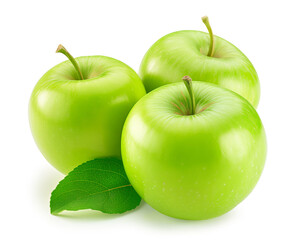 Three glossy green apples with a leaf, isolated on white