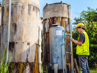 Asian man engineer controlling the quality of water places operating industrial water purification...