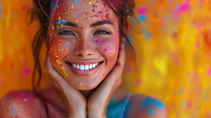 A woman of South Asian descent participating in the colorful celebration of Holi, with vibrant powders creating a visually stunning and joyful atmosphere.