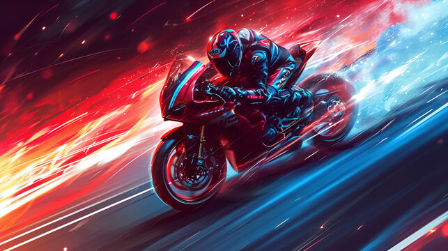 motorcyclist, rider, Side view of image with a focus on a dynamic stride, energy and motion, vibrant colors, abstract background 