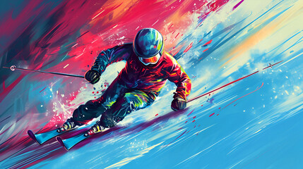 extreme skier with a focus on a dynamic stride, energy and motion, vibrant colors, abstract background  - obrazy, fototapety, plakaty