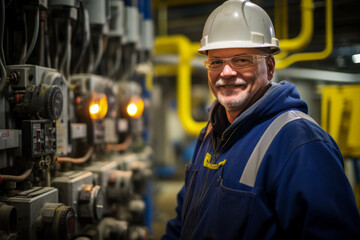 A seasoned Power Plant Operator, with years of experience etched on his face, stands proudly in front of the humming machinery that powers our everyday lives