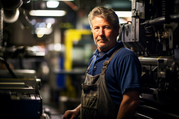 Portrait of a Dedicated Printing Machine Operator, Surrounded by the Intricate Machinery of His Trade, Illuminated by the Soft Glow of Overhead Lights