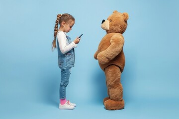  a gadget-addicted girl standing confidently with her favorite bear toy, symbolizing the blend of technology and childhood comfort