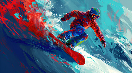 snowboarder on the slope with a focus on a dynamic stride, energy and motion, vibrant colors, abstract background 